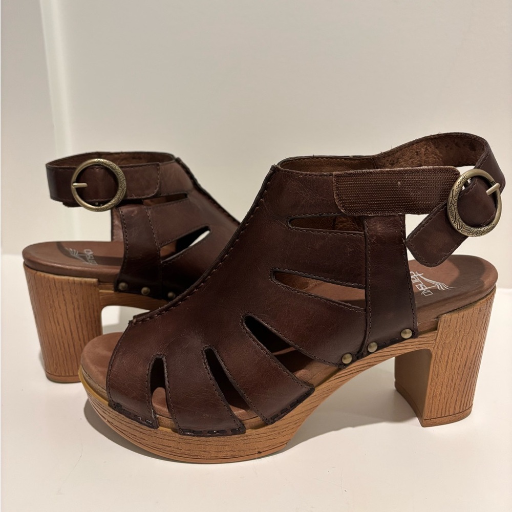 Dansko Demetria peep toe brown cabrio heel